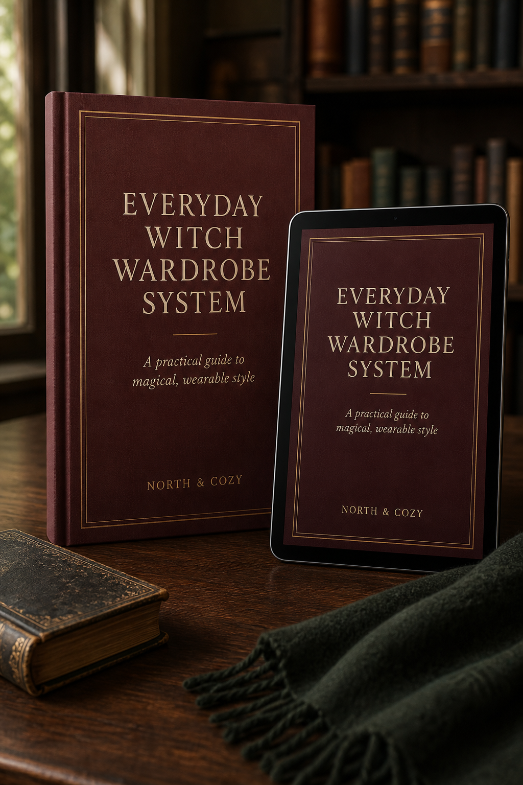 Everyday Witch Wardrobe System displayed as a book and tablet in a warm library