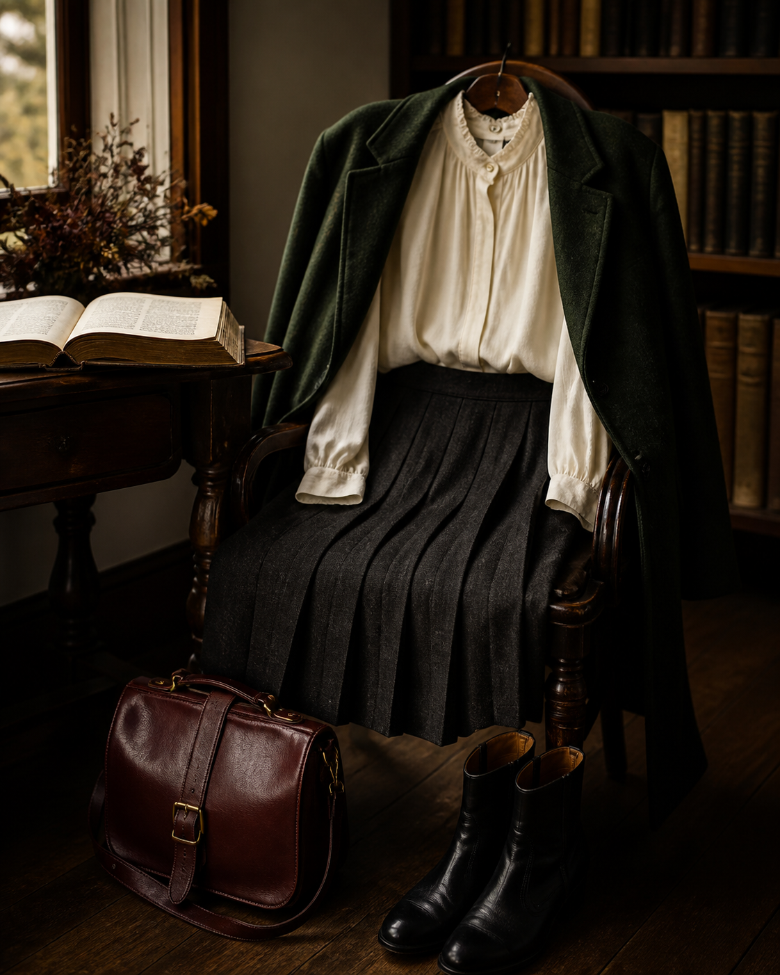 Wearable dark academia wardrobe in a book-lined room