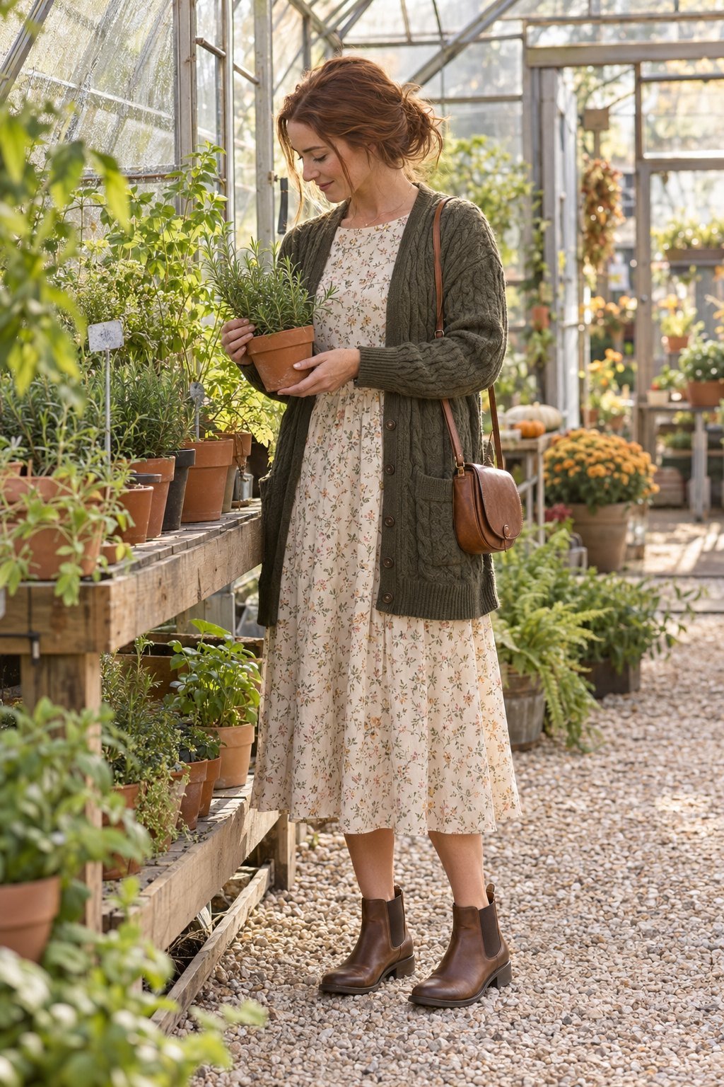 In a sunlit greenhouse, a woman holds a terracotta pot of rosemary. She wears a long green cable-knit cardigan over a cream botanical-print midi dress, with brown ankle boots and a small brown crossbody bag.