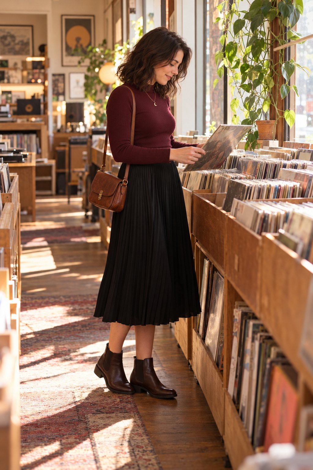 A woman browses vinyl records beside a bright shop window, wearing a burgundy long-sleeve top, black pleated midi skirt, brown ankle boots, a brown crossbody satchel, and a small gold-tone moon necklace.