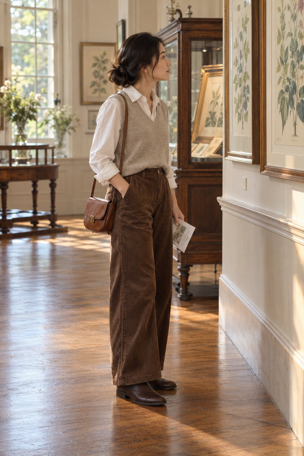 A woman studies framed botanical prints in a bright museum room. She wears an oatmeal knit vest over a white collared shirt, wide-leg brown corduroy trousers, brown ankle boots, and a small brown shoulder bag.
