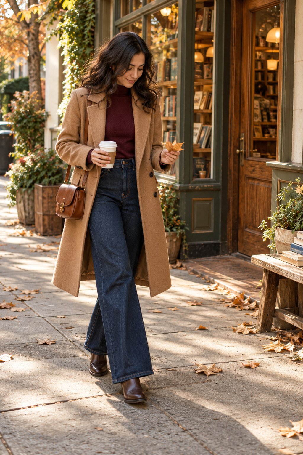 Outside a bookstore café, a woman holds a takeaway coffee and an autumn leaf. She wears an open camel coat over a burgundy top, wide-leg dark jeans, brown ankle boots, and a small brown crossbody bag.