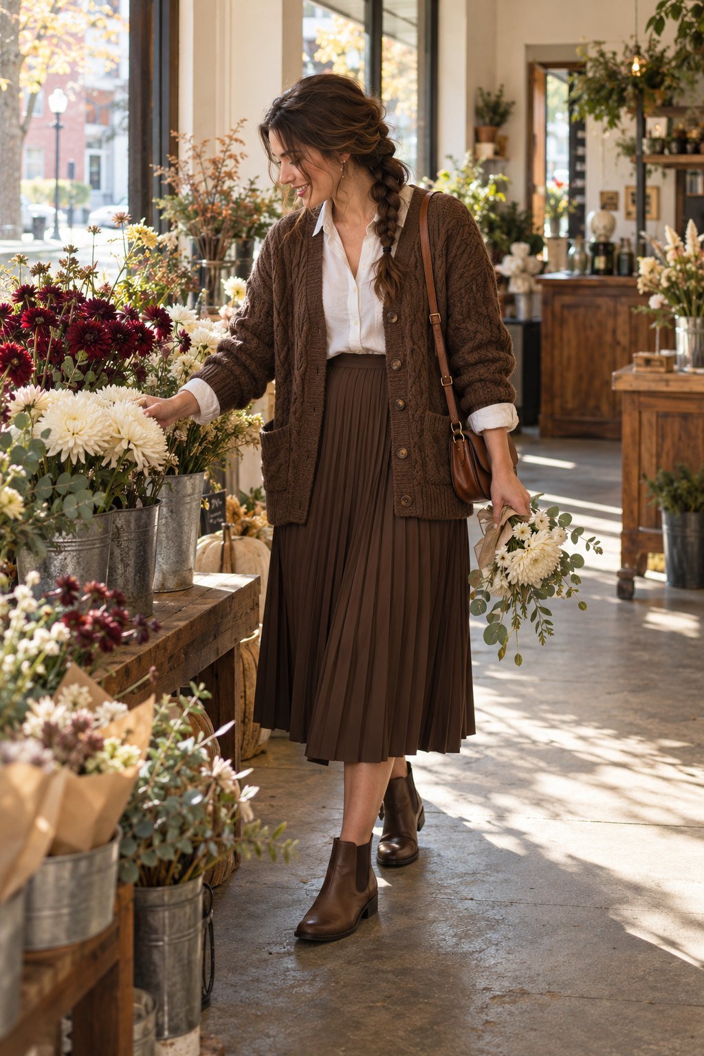A woman selects cream chrysanthemums in a sunny flower shop while holding a small bouquet at her side. She wears a brown cable-knit cardigan, white shirt, brown pleated midi skirt, brown ankle boots, and a small crossbody bag.
