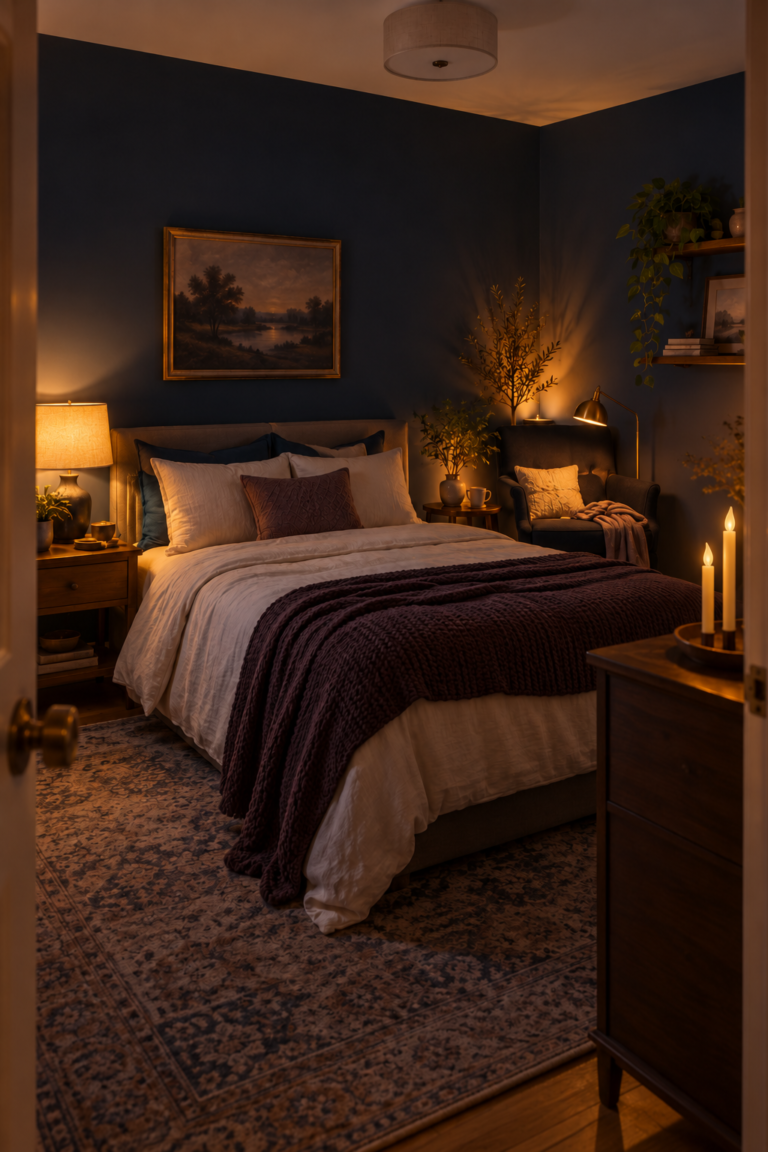 Cozy dark bedroom lit by a bedside lamp, reading light and flameless candles