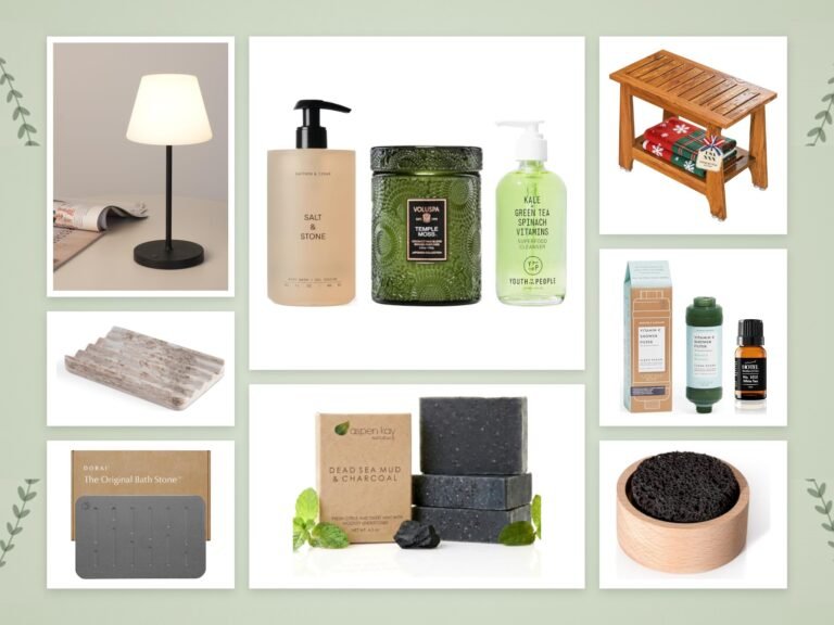 Cozy spa shower picks: Salt & Stone body wash, Voluspa Temple Moss candle, face cleanser, teak shower bench, shower lamp, stone bath mat, shower filter, diffuser oil, charcoal soap, marble soap dish and lava rock diffuser