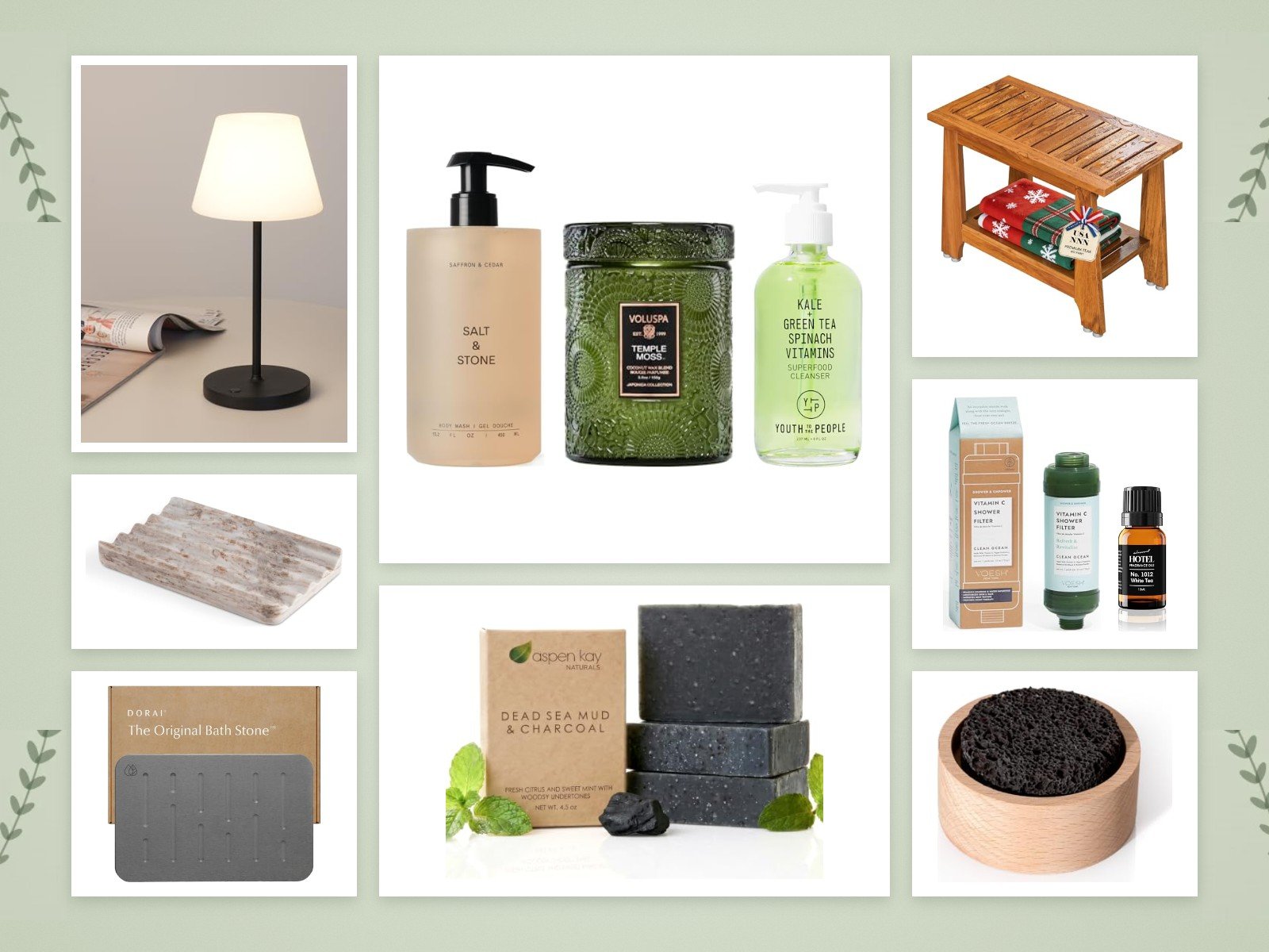 Cozy spa shower picks: Salt & Stone body wash, Voluspa Temple Moss candle, face cleanser, teak shower bench, shower lamp, stone bath mat, shower filter, diffuser oil, charcoal soap, marble soap dish and lava rock diffuser