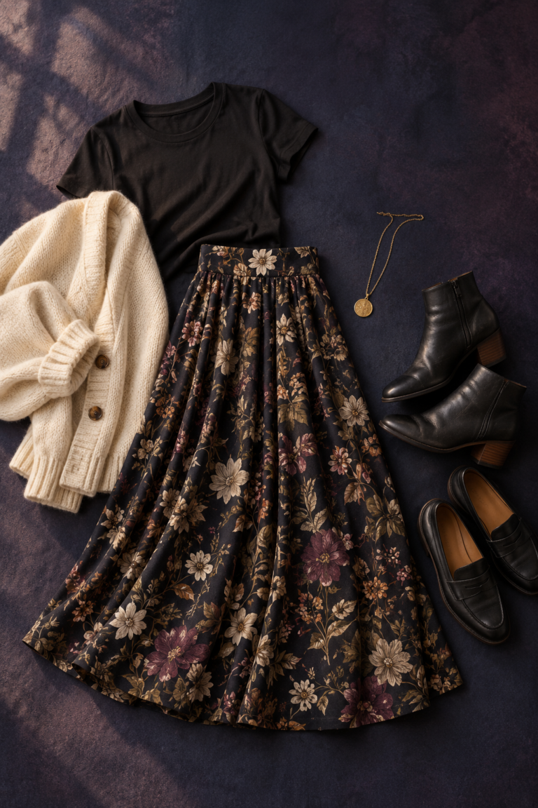 Dark floral skirt styled with a black tee, cream knit, ankle boots and loafers