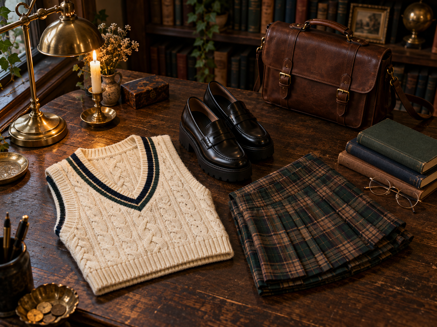 Dark academia flat-lay on a wooden desk with a cream cable-knit sweater vest, plaid pleated skirt, black platform loafers, a leather satchel, old books and a brass lamp