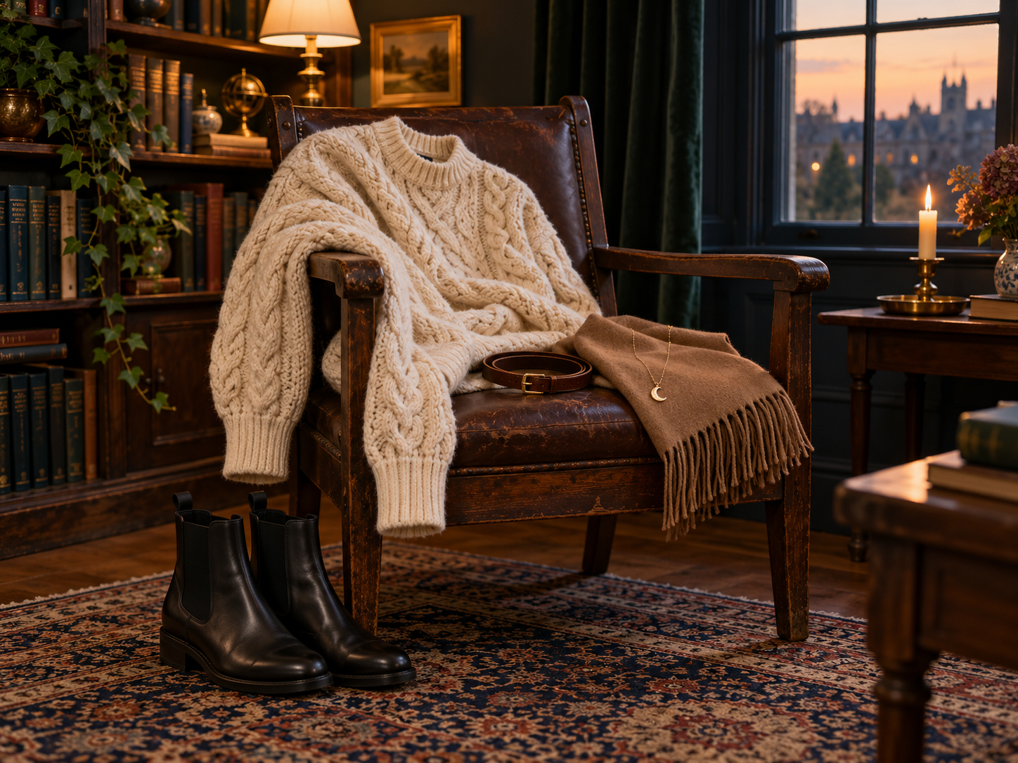 Cream chunky cable-knit sweater draped over a leather armchair with a belt, camel scarf, moon pendant and black Chelsea boots in a cozy library corner