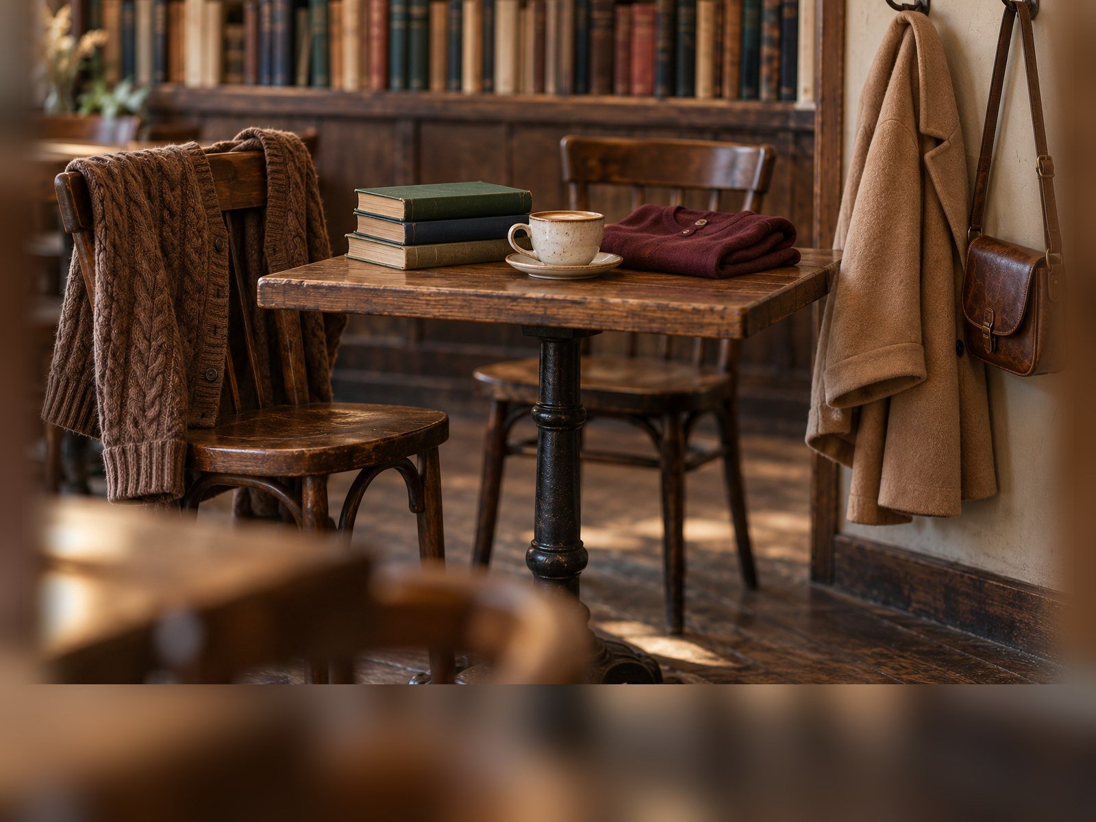 Cozy fall cafe table with a brown cable-knit cardigan on a chair, books, a coffee, a folded burgundy top, a camel coat and a leather crossbody bag on hooks