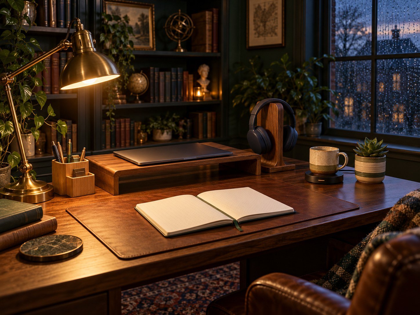 Dark academia home office with a wooden desk, lamp and books
