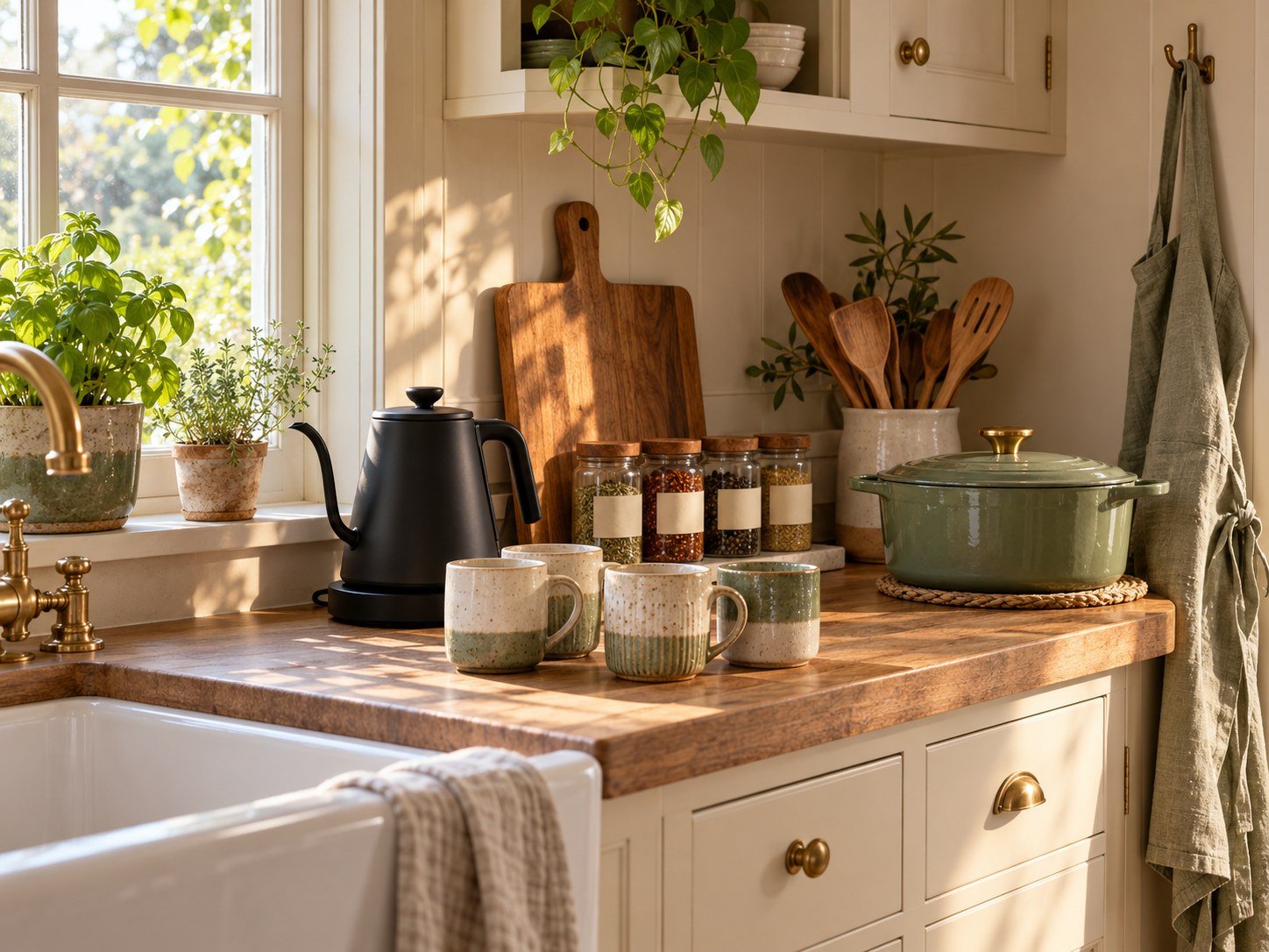 Cottagecore kitchen with warm wood, herbs and ceramic dishes