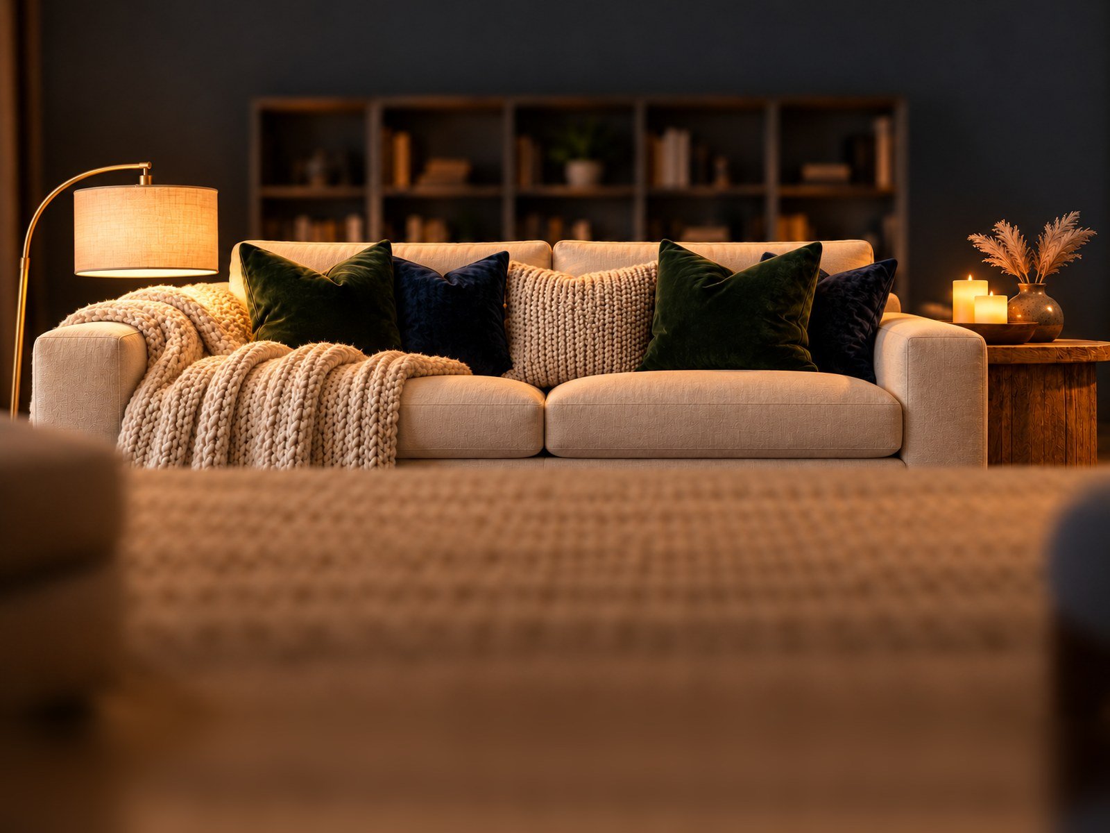Cozy living room at dusk with a cream sofa, chunky knit throw, green and navy velvet pillows, an arc floor lamp, and flameless candles with pampas stems on a wood side table