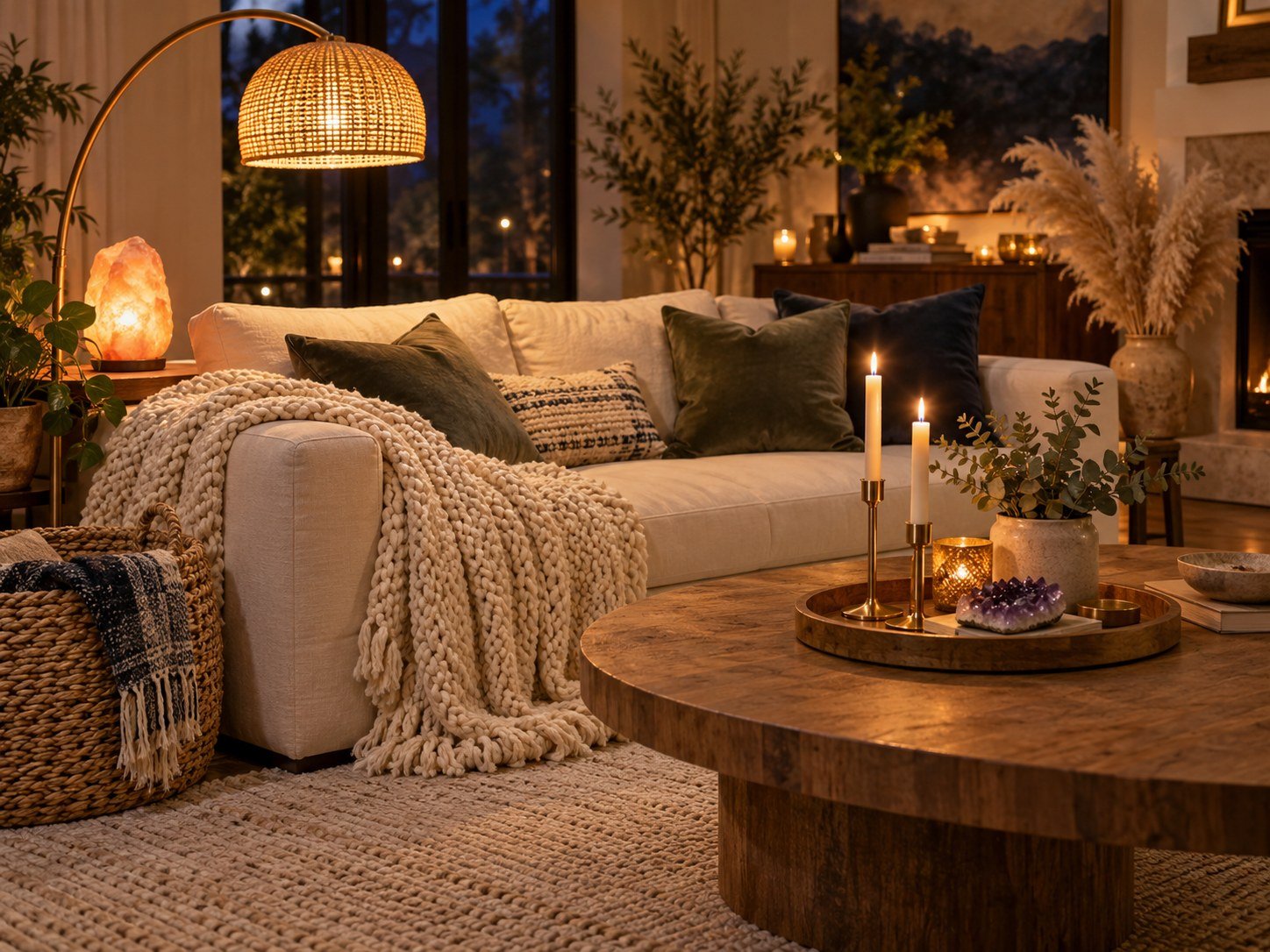 Cozy witch living room with soft lighting, plants and celestial accents