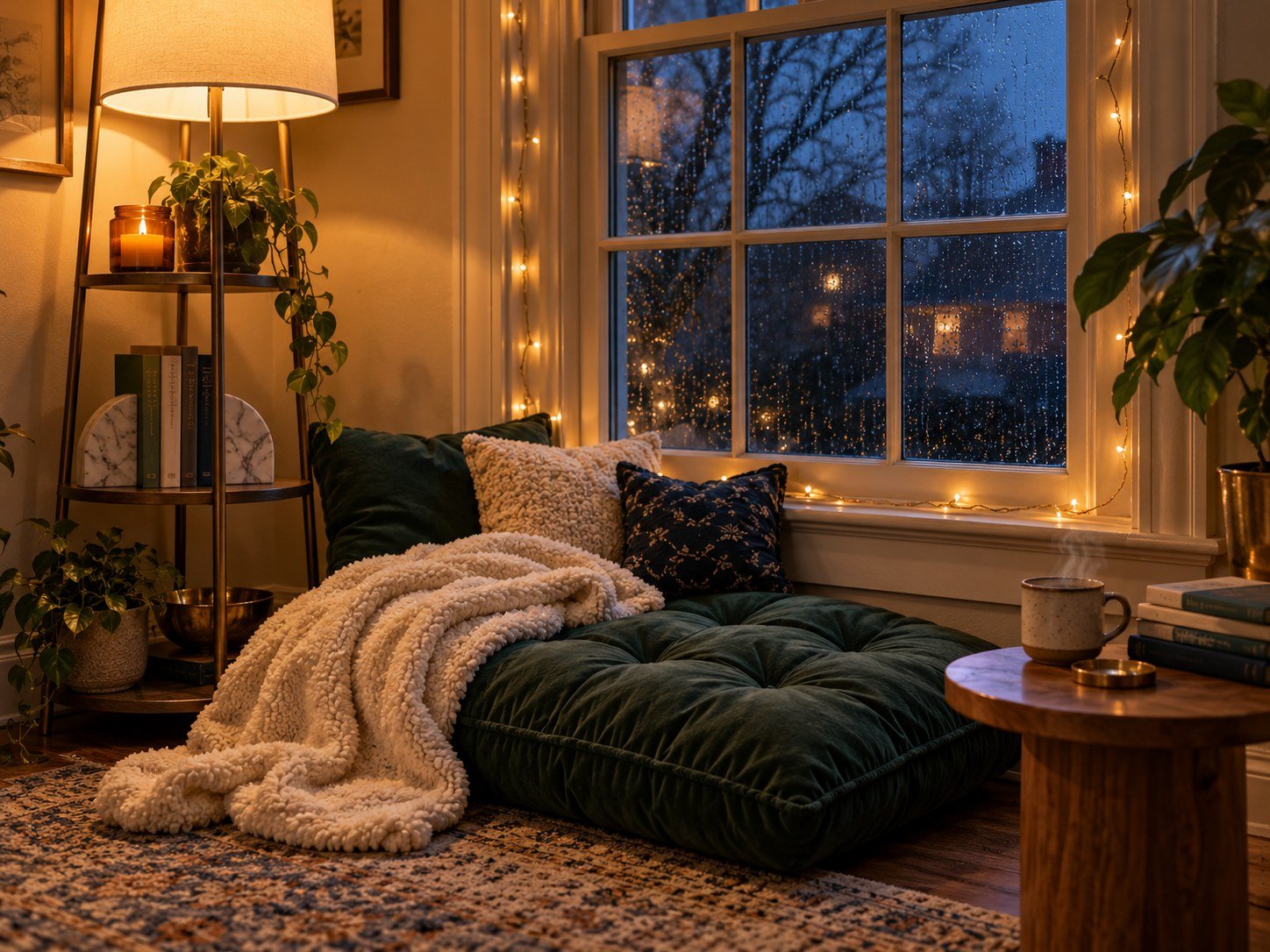 Cozy reading nook with a armchair, blanket and stacked books