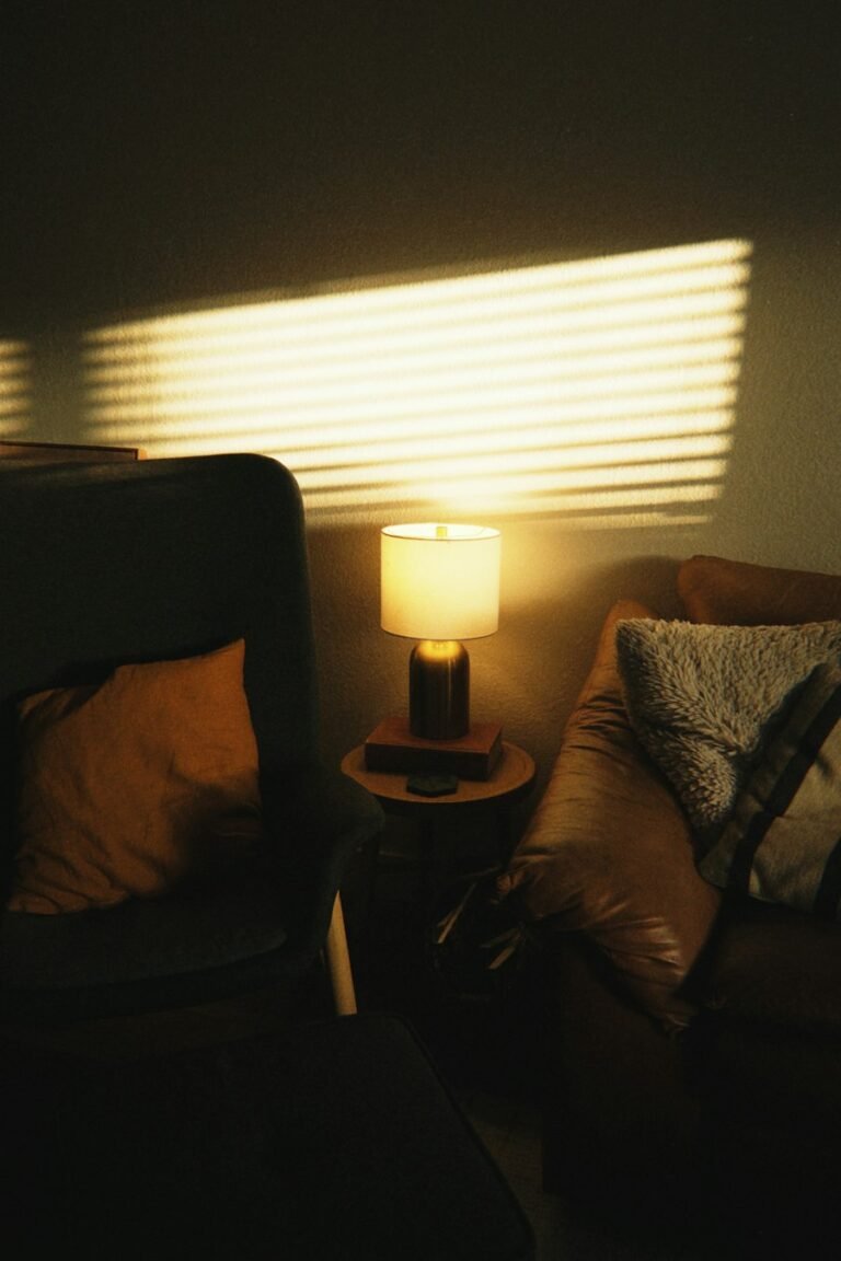 Armchair beside a glowing table lamp in a dark living room